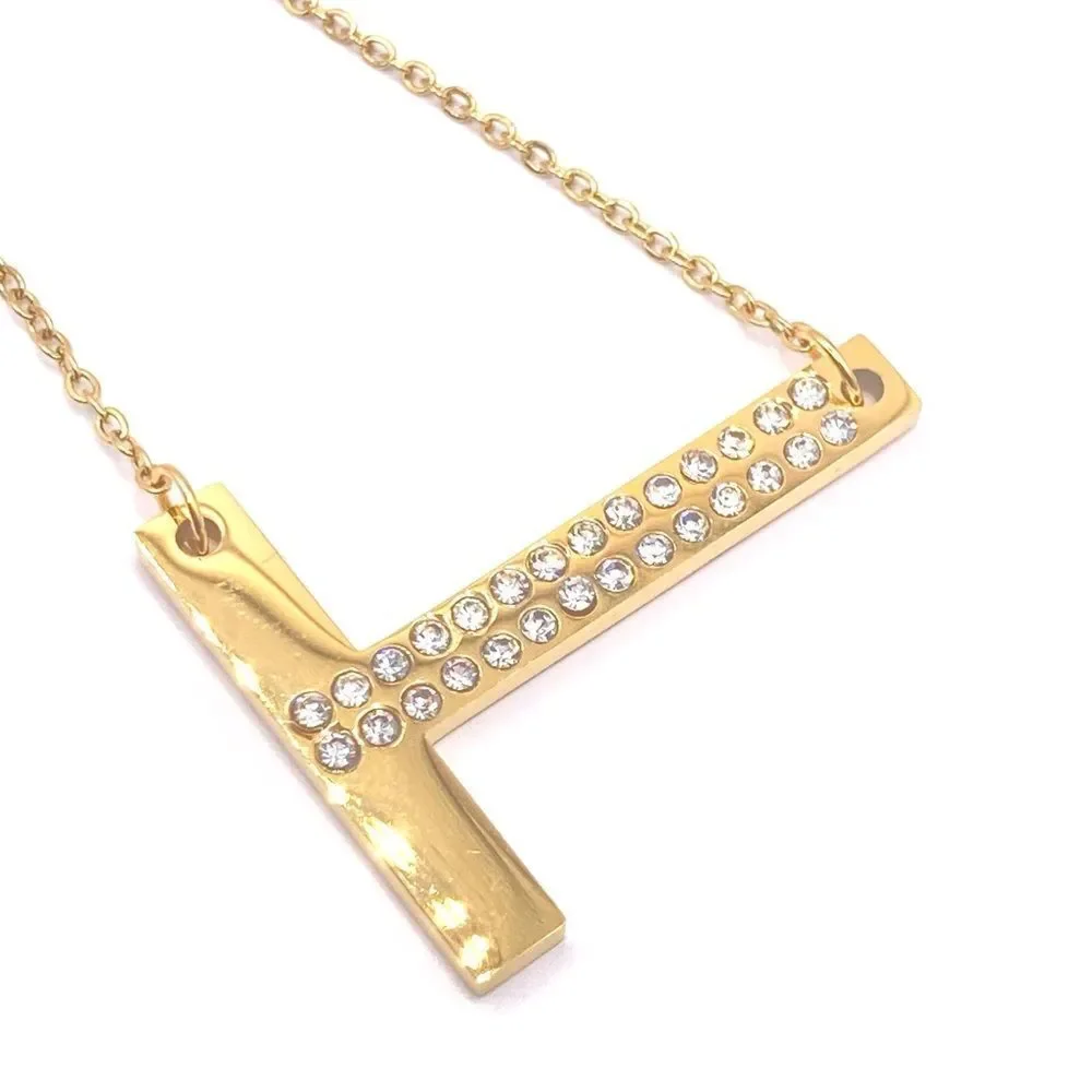 Gold Chain Statement Necklace Rhinestone Initial T Pendant Necklace